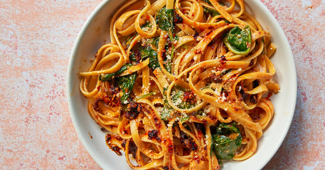 Chile Crisp Fettuccine Alfredo With Spinach