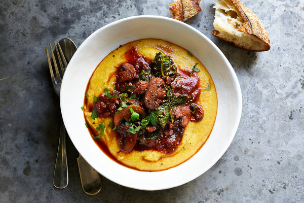 Creamy Vegan Polenta with Mushrooms and Kale