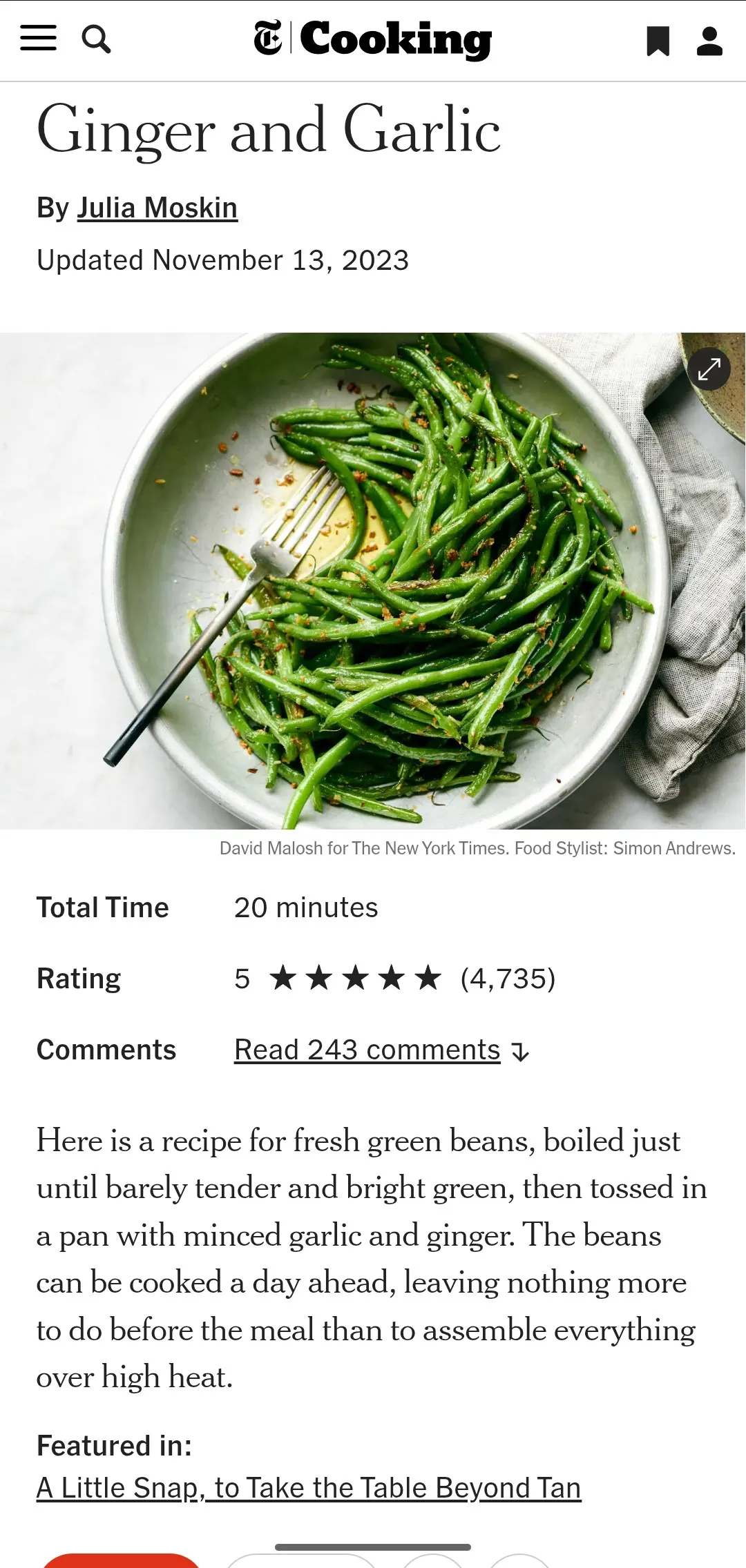 Ginger and Garlic Green Beans