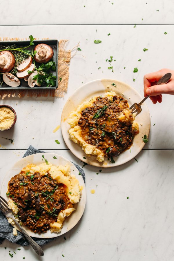 Lentil Mushroom Stew over Mashed Potatoes