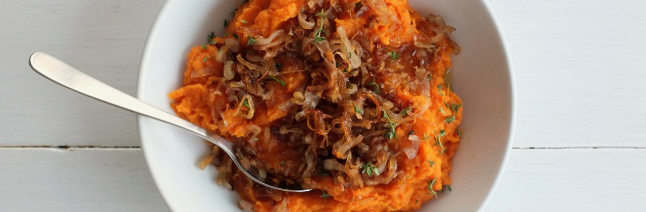 Mashed Sweet Potatoes with Caramelized Shallots