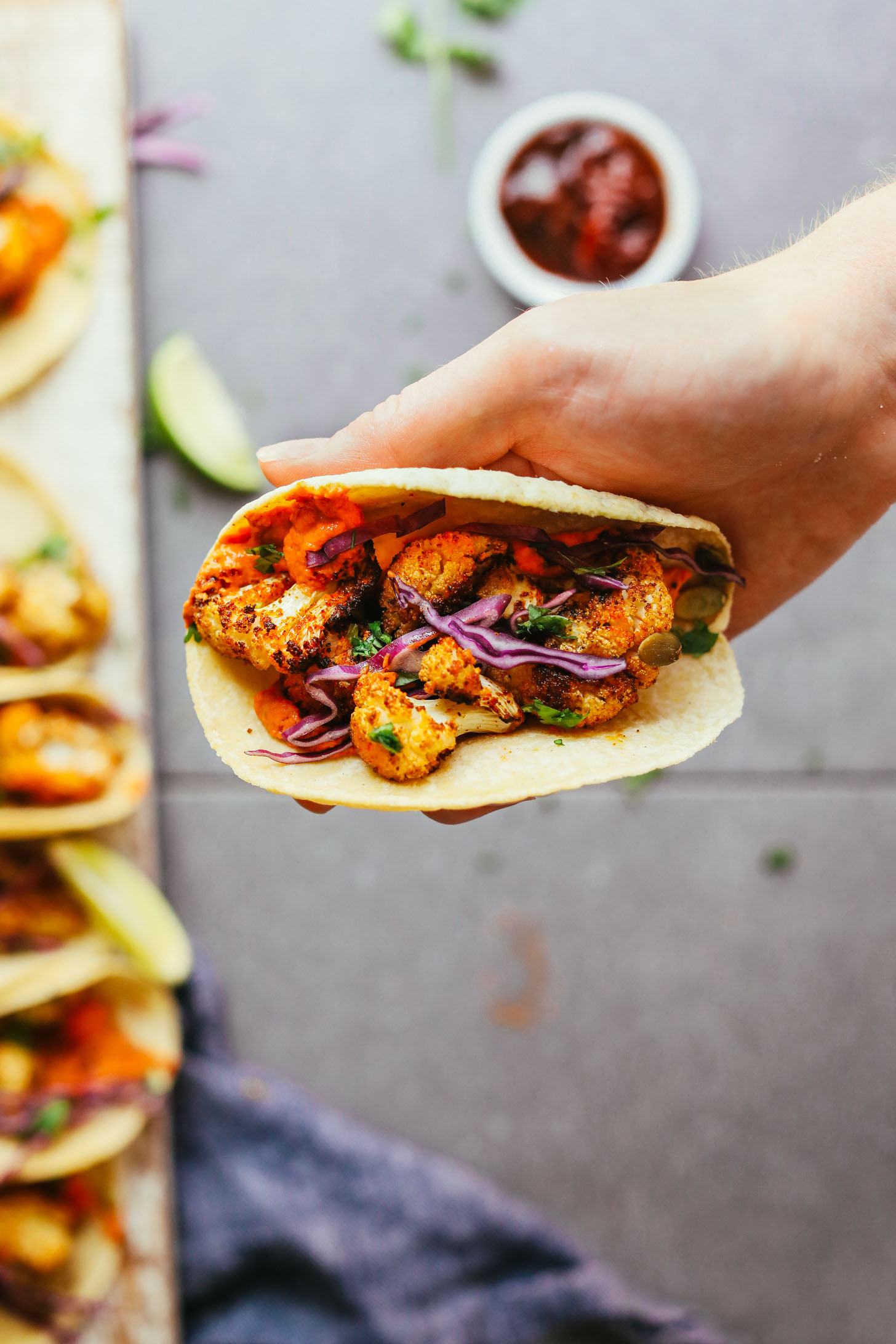 Roasted Cauliflower Tacos with Chipotle Romesco